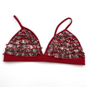 Victoria's Secret M Red Plaid Jingle Bell Ruffle Triangle Bralette Christmas